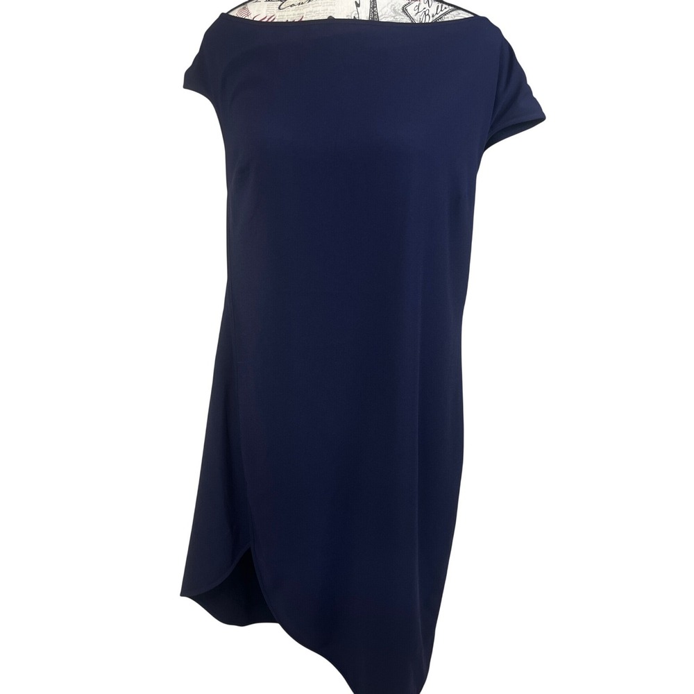Halston Heritage Navy Blue Sleeveless Tulip Hem Shift Dress Boat Neck V-Back L